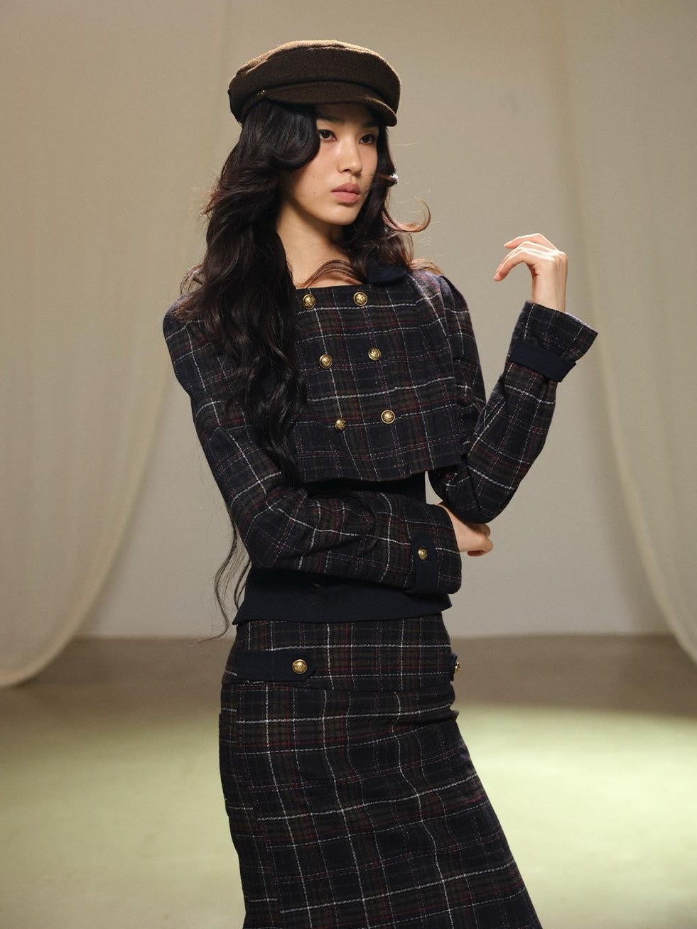 lvetong Plaid Wool Blend Cropped Jacket Long Sleeve Fishtail Skirt Women&