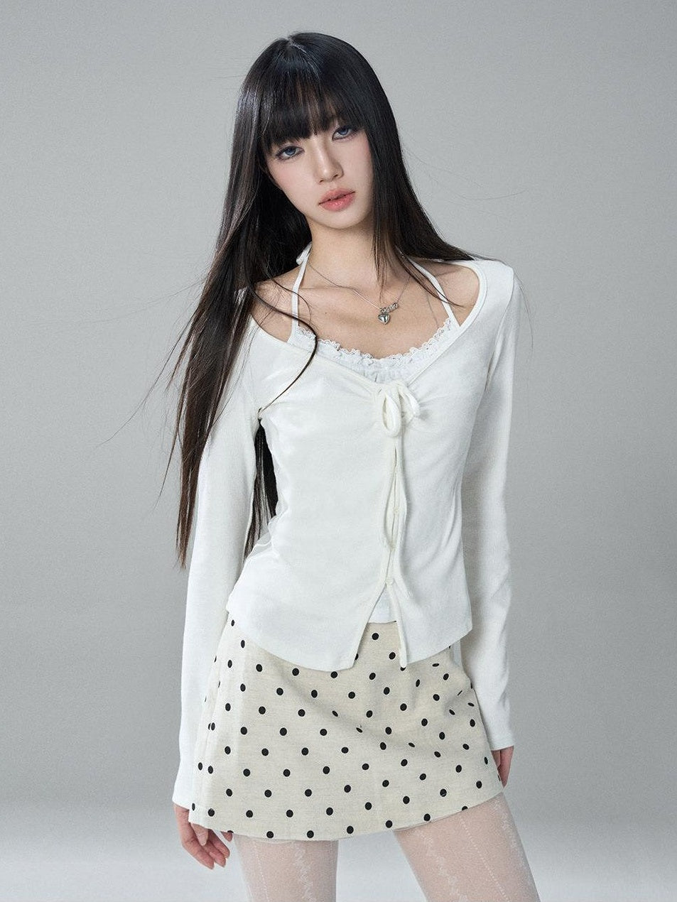 LADYGHOST Korean Style Faux Two Piece Ruched Lace Trim Halter Women&