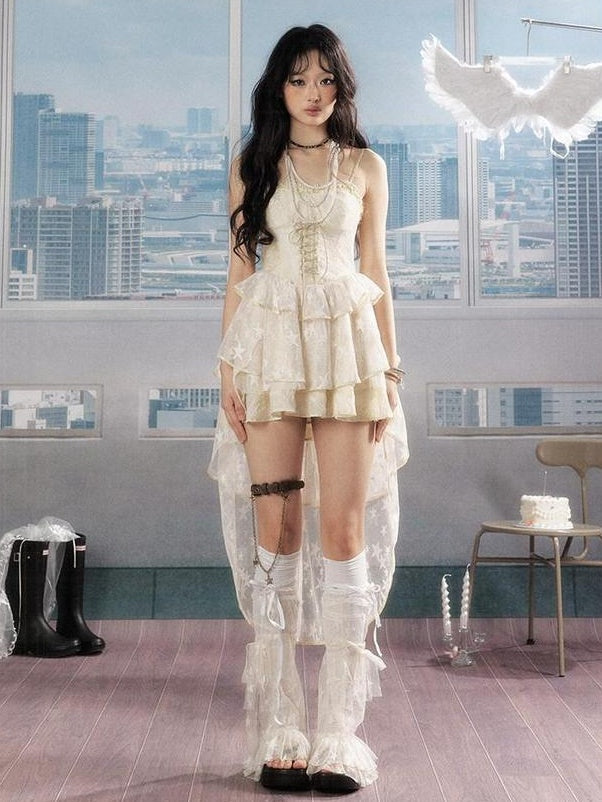 ALL iN plan Sweet Ivory Slim Cami Round Neck Puff Skirt Casual Slip Mini Dresses