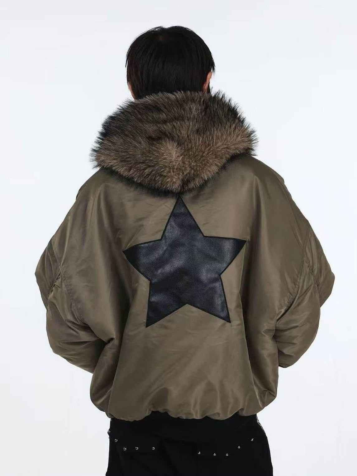 DETW onLine Embroidered Star Layered Hooded Fur Collar Women&