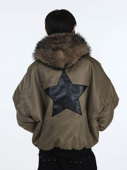 DETW onLine Embroidered Star Layered Hooded Fur Collar Women&