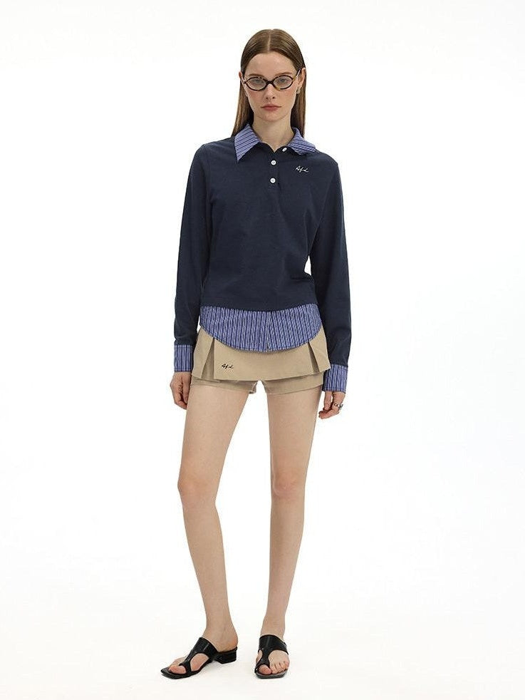 AFTADAWN Colorblock Faux Two Piece Polo Collar Striped Women&