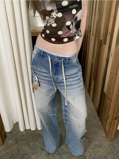 1JINN STUDIO Mud Dyed Washed Blue Distressed Whisker Scratch Women&