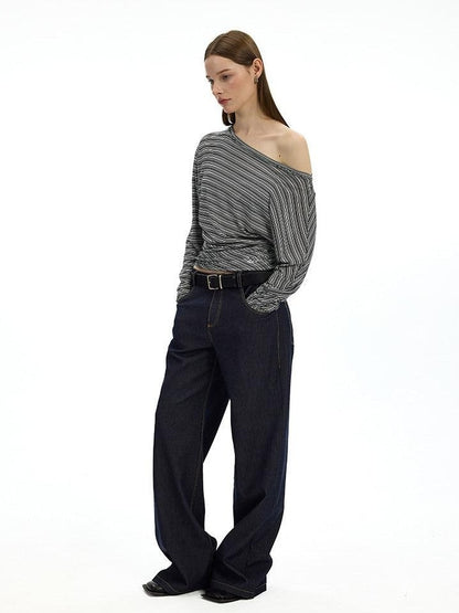 AFTADAWN Striped Asymmetrical One Shoulder Ruched Women&