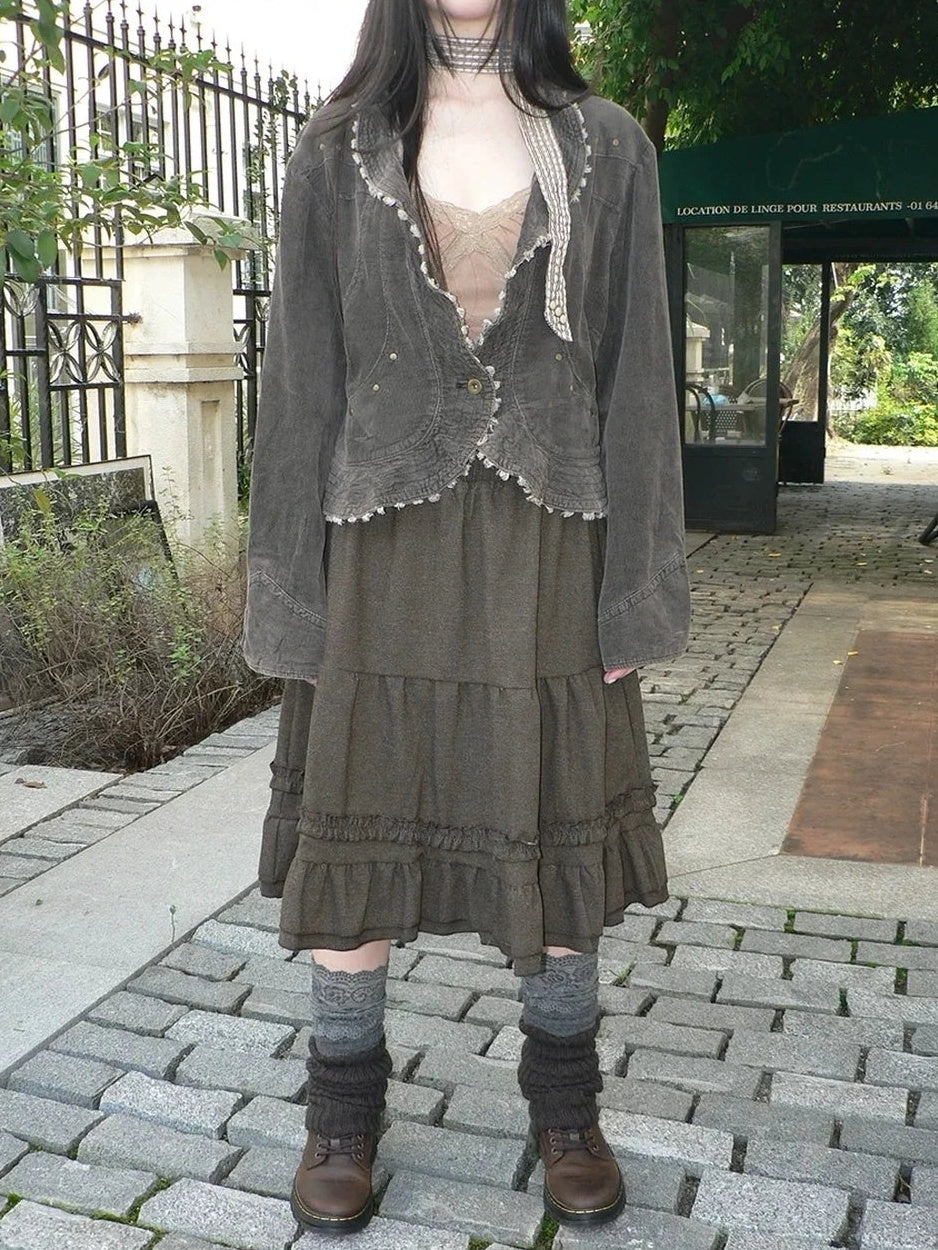 ang project Vintage Pleated Ruffle Hem A Line Skirt Skirt