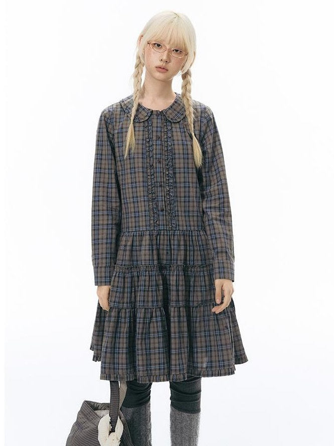 NAPSNAPS Plaid Doll Collar Ruffled Long Sleeve Women&