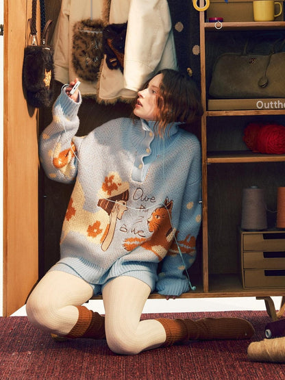 OuttheBlue Blue Polka Dot Color Block Turtleneck Wool Knit Women&