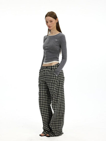 AFTADAWN Plaid Relaxed Mid Rise Natural Waist Pocketed Zip Fly Women&