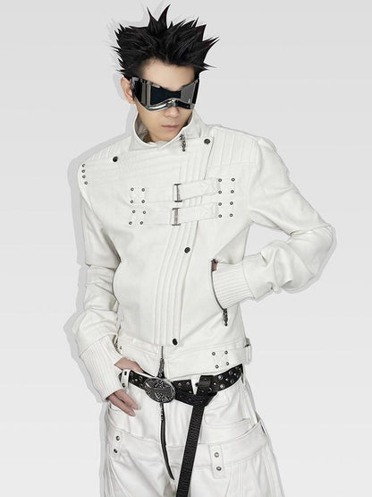 ATAnothingness Windproof Pu Cropped Zip Long Sleeve Silver Moon White Leather Jackets