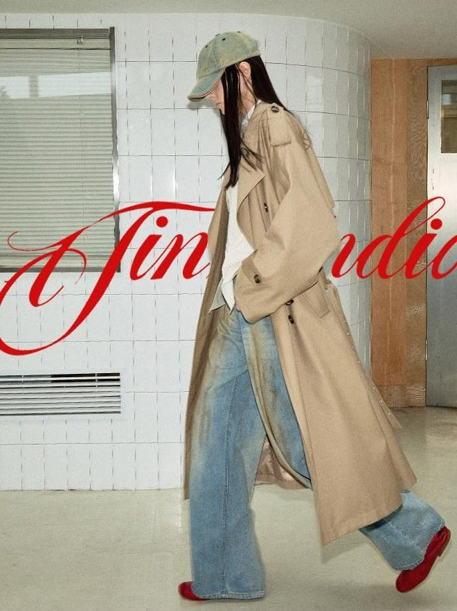 1JINN STUDIO British Large Lapel Double Breasted Belted Women&