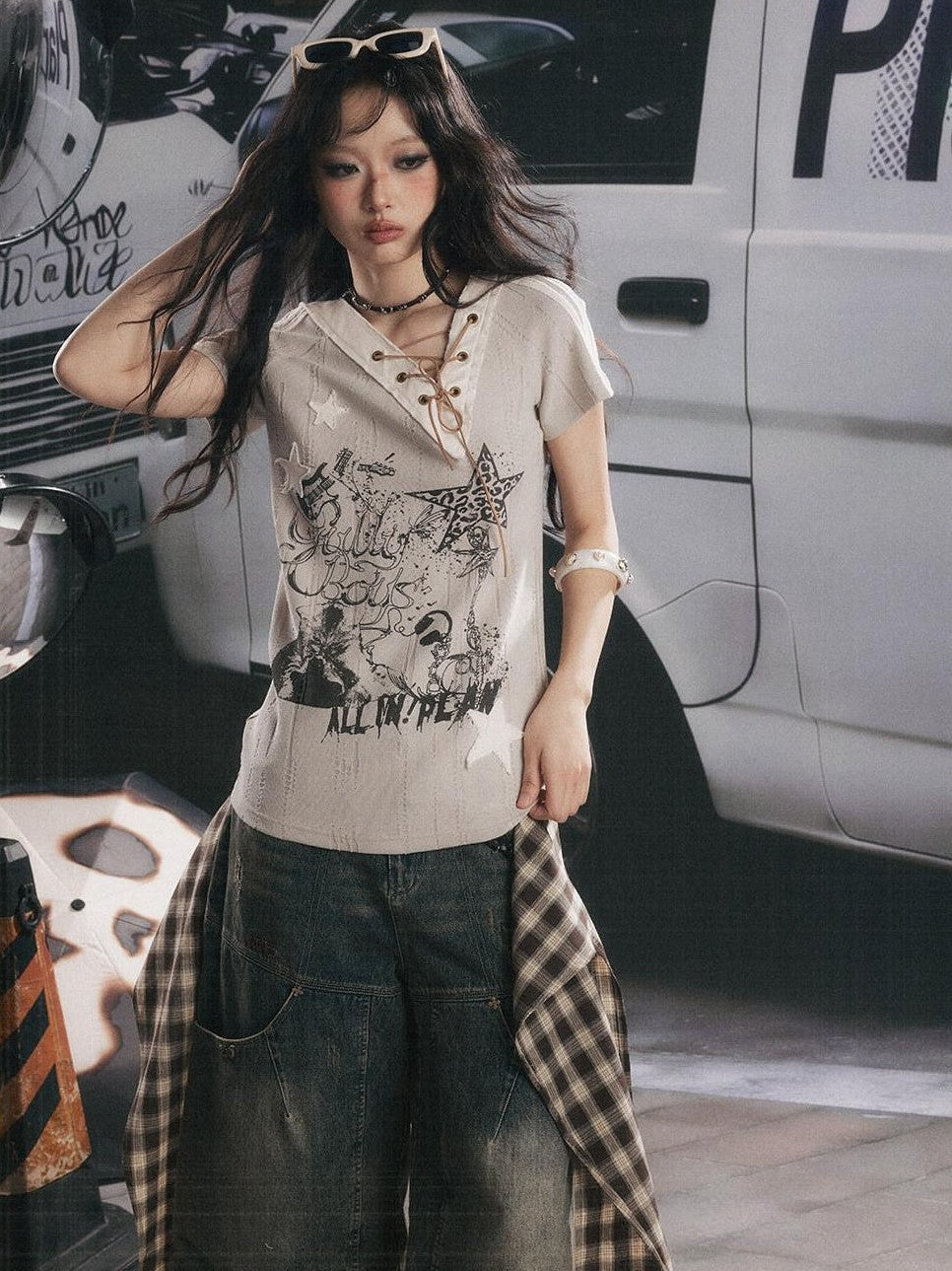 ALL iN plan Khaki V-neck Drawstring Letter Print Women&