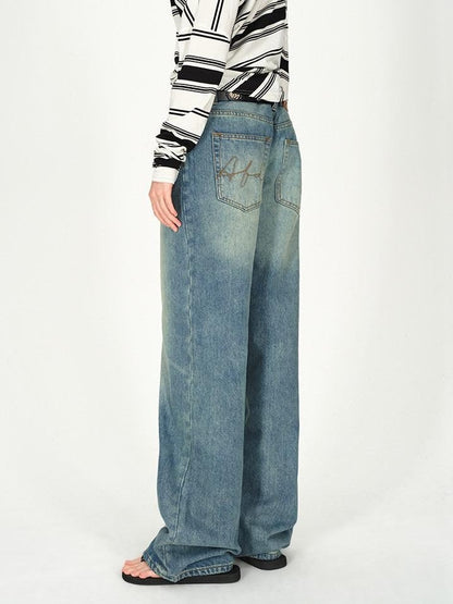 AFTADAWN Vintage Washed Low Rise Wide Loose Women&
