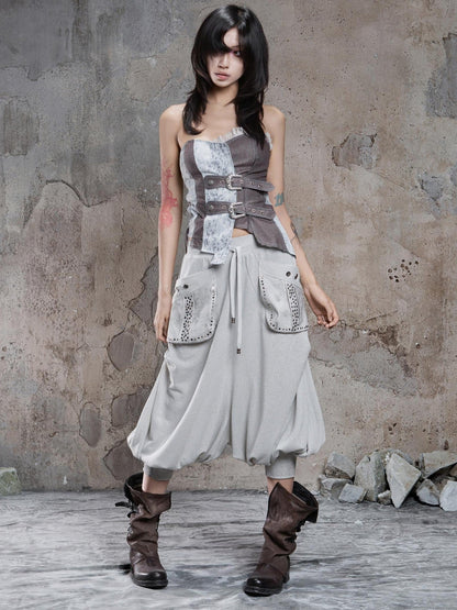 ARIADNAw Light Gray Retro Punk Drop Crotch Big Pocket Rhinestone Women&
