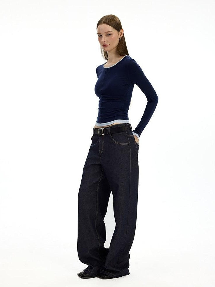 AFTADAWN Denim Blue Back Pocket Logo Embroidery Women&