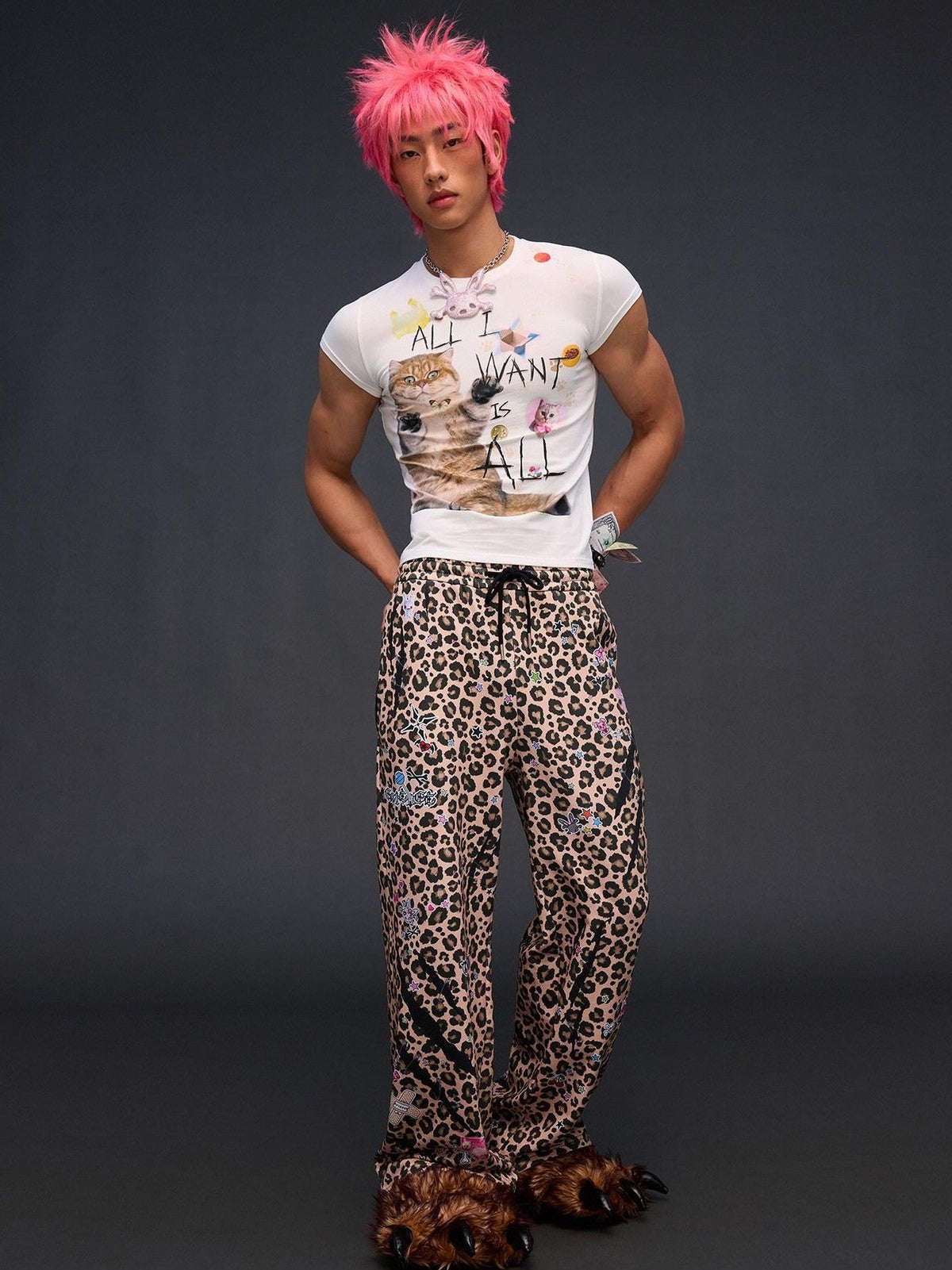 CFIERCE Leopard Asymmetric Sticker Print Street Straight Women&