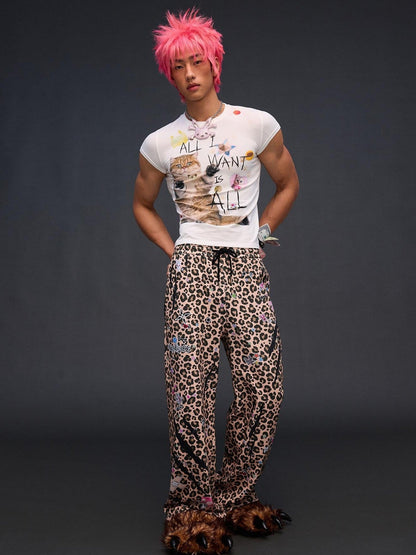 CFIERCE Leopard Asymmetric Sticker Print Street Straight Women&