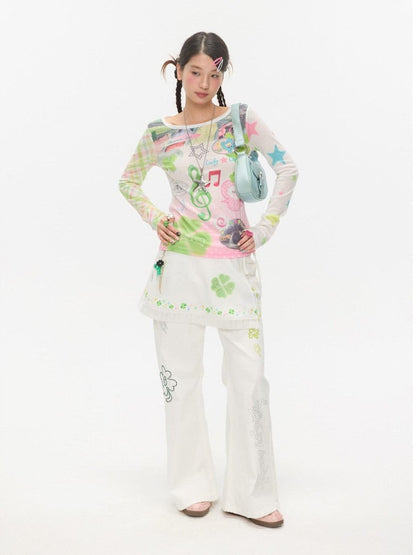BETWEENAND White Clover Print Tie Strap Layered Mesh Women&