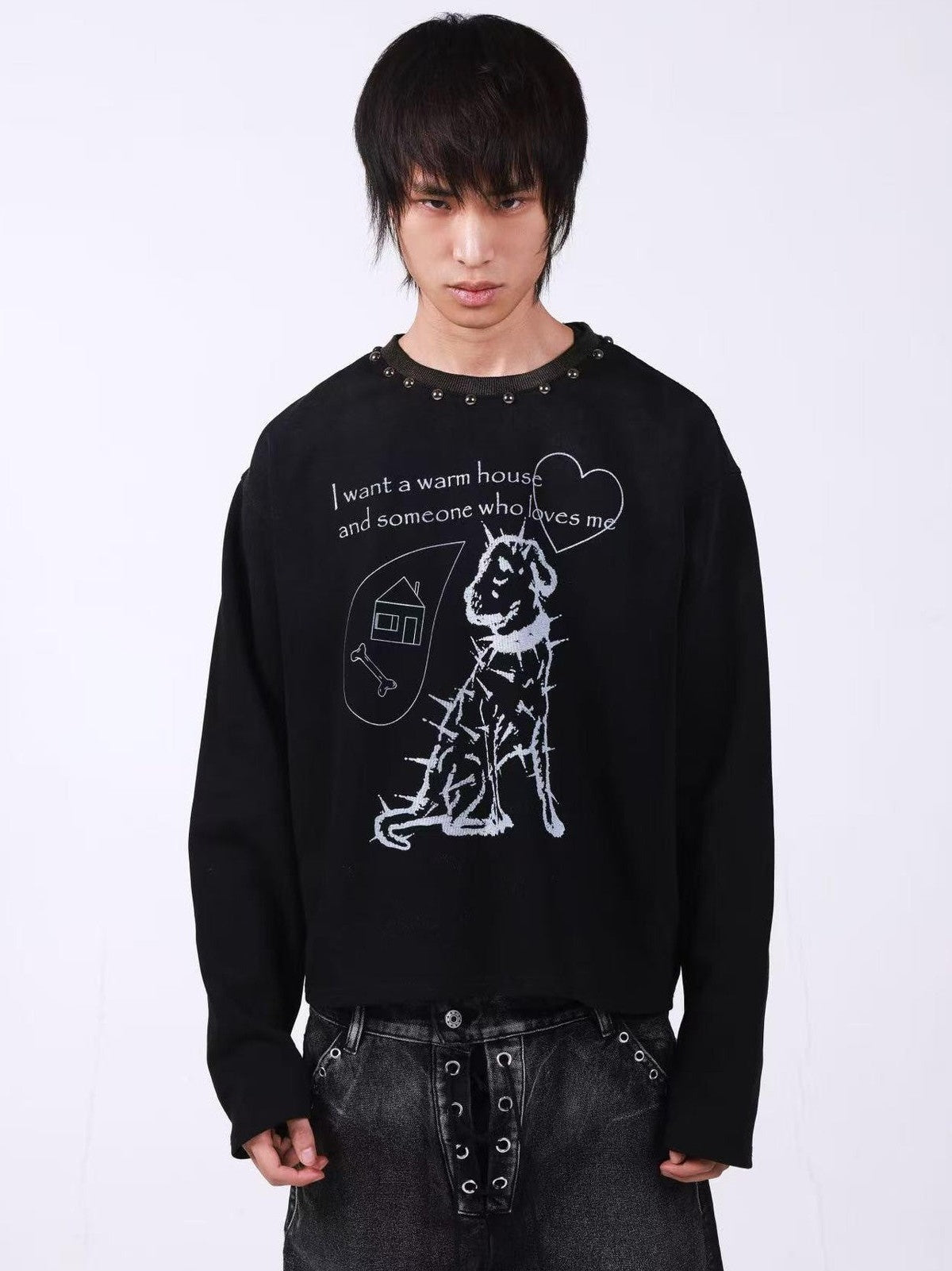 DETW onLine Washed Black Studded Slogan Print Women&