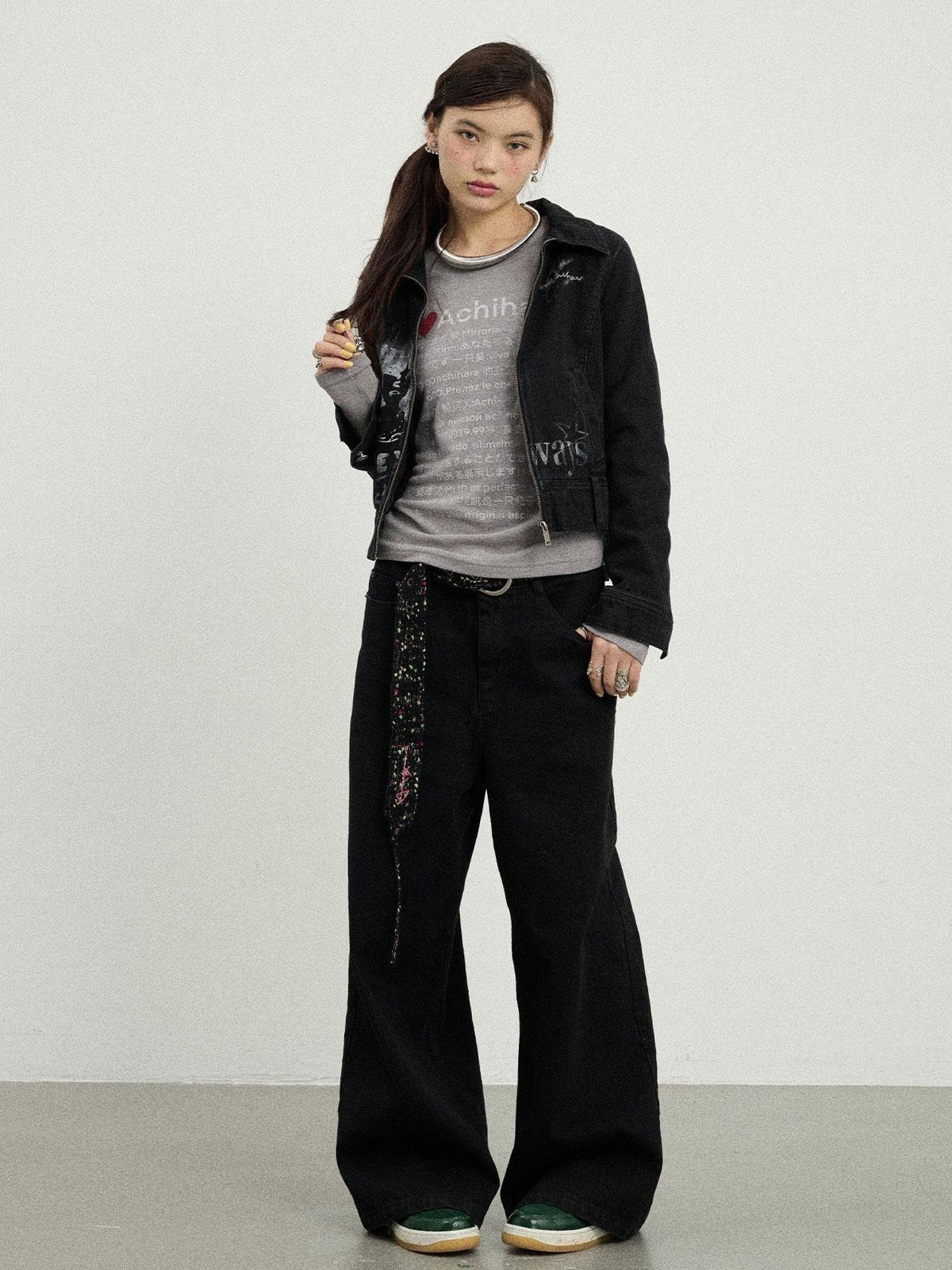 Achihara Print Fleece Lined Stand Collar Cotton Denim Women&