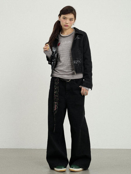Achihara Print Fleece Lined Stand Collar Cotton Denim Women&
