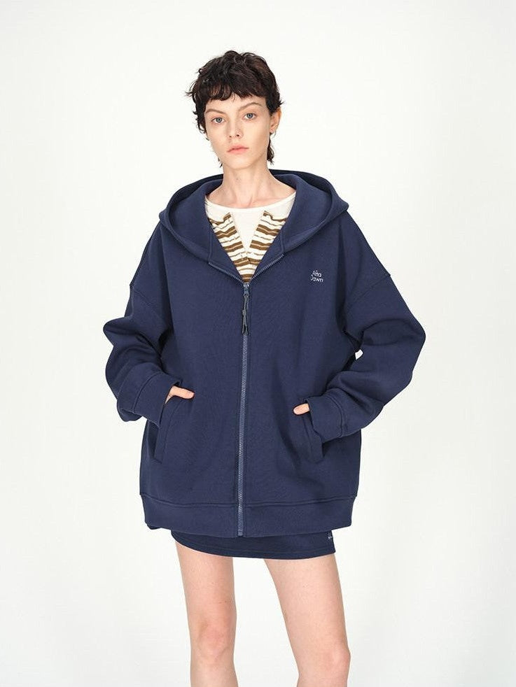 AFTADAWN Blue Hooded Zip A Line Solid Loose Women&