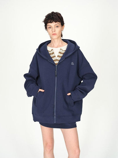 AFTADAWN Blue Hooded Zip A Line Solid Loose Women&