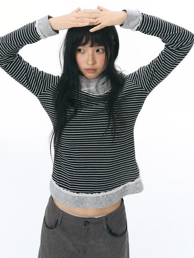 NAPSNAPS Lace Trim Striped Mock Layer Round Neck Knit Women&