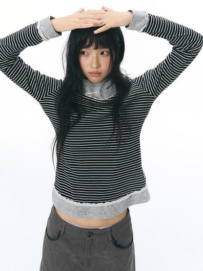 NAPSNAPS Lace Trim Striped Mock Layer Round Neck Knit Women&