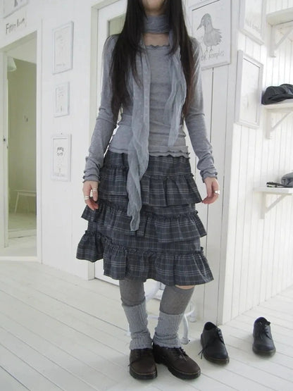 ang project Vintage Gray Layered Gingham Ruffle Hem Skirt Skirt