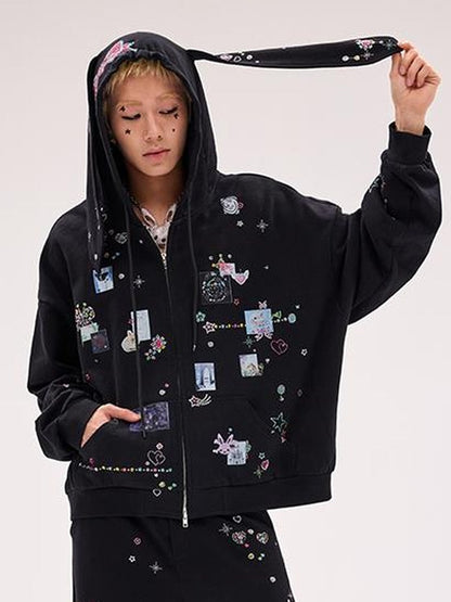 CFIERCE Embroidered Rabbit Ear Hoodie With Rhinestone Details