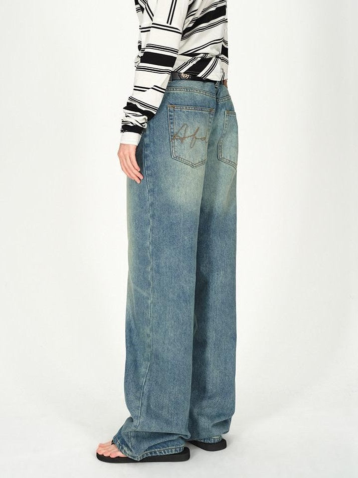 AFTADAWN Vintage Washed Low Rise Wide Loose Women&