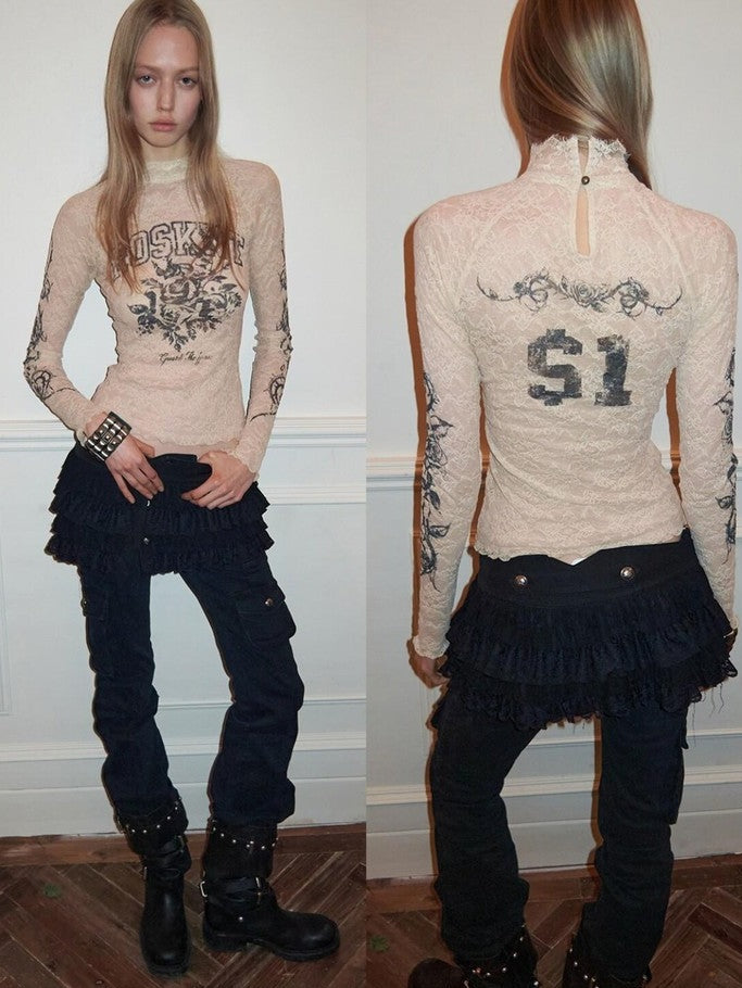 1JINN STUDIO Tweed Inspired Metal Buckle Lace Trim Waist Cincher Women&