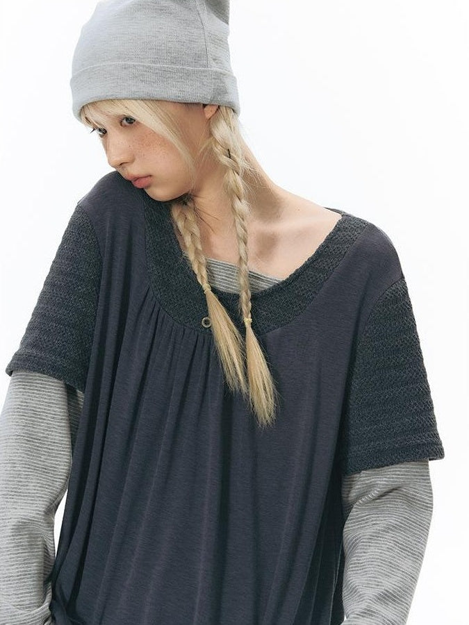 NAPSNAPS Vintage Spliced Faux Layered Round Neck Women&