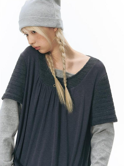 NAPSNAPS Vintage Spliced Faux Layered Round Neck Women&