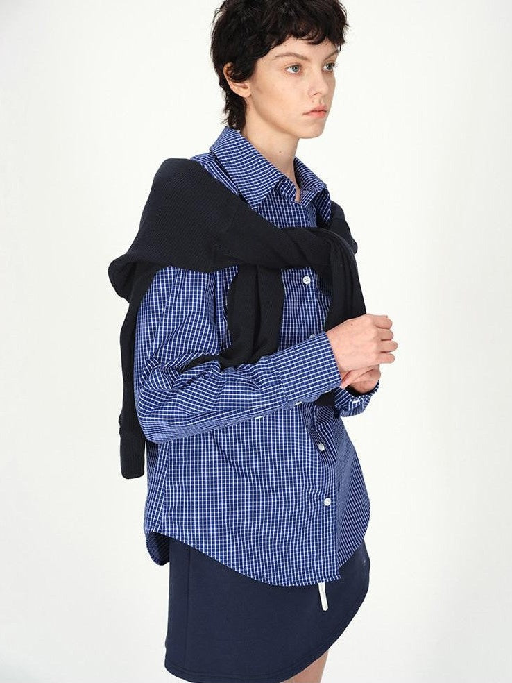 AFTADAWN Contrast Fine Check Oversized Button Polo Collar Women&