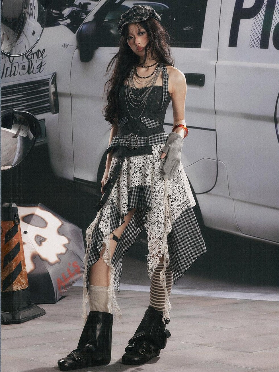 ALL iN plan Plaid Patchwork Asymmetric Tiered Women&