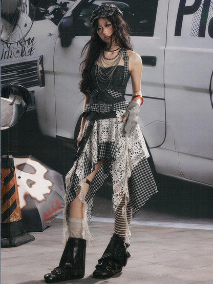 ALL iN plan Plaid Patchwork Asymmetric Tiered Women&
