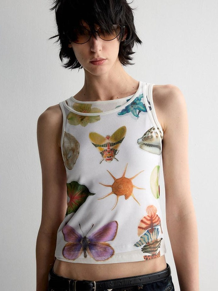 RUN TO THE FUTURE Original Print Asymmetrical Slim Fit Tencel Cropped Animal Women White Tank Tops