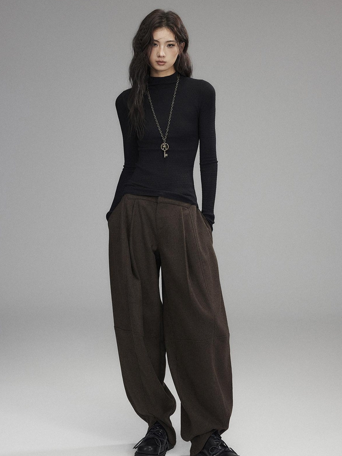 Low pixel Low Rise Wool Blend Micro Stretch Casual Zip Fly Women Black Wide Leg Pants