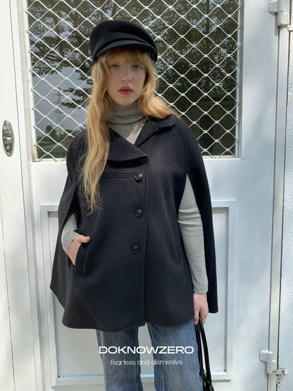 DKZ OFFICIAL Black Bud Collar Cape Double Breasted Women&