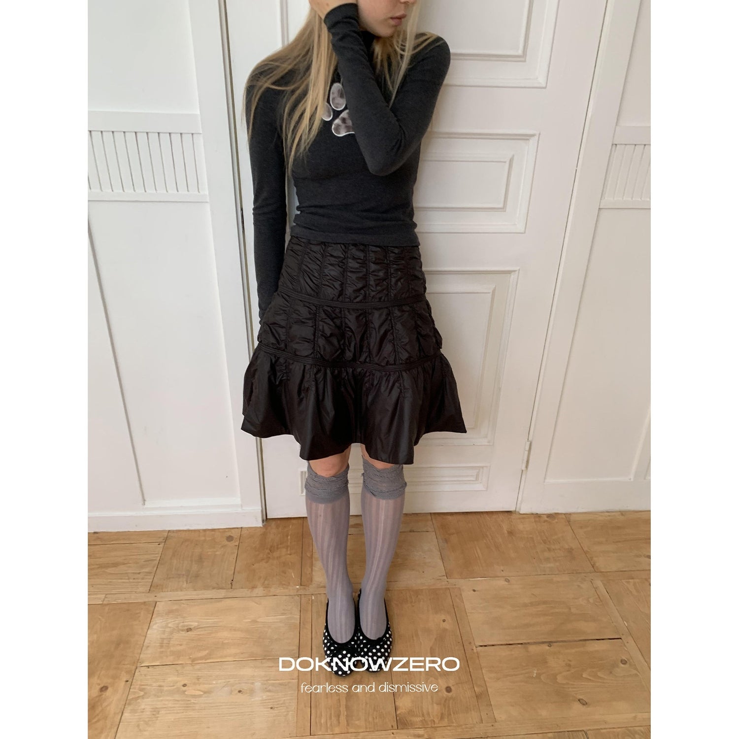 DKZ_OFFICIAL_Quilted_Pleated_Ruffle_Mid_Waist_Loose_Women&
