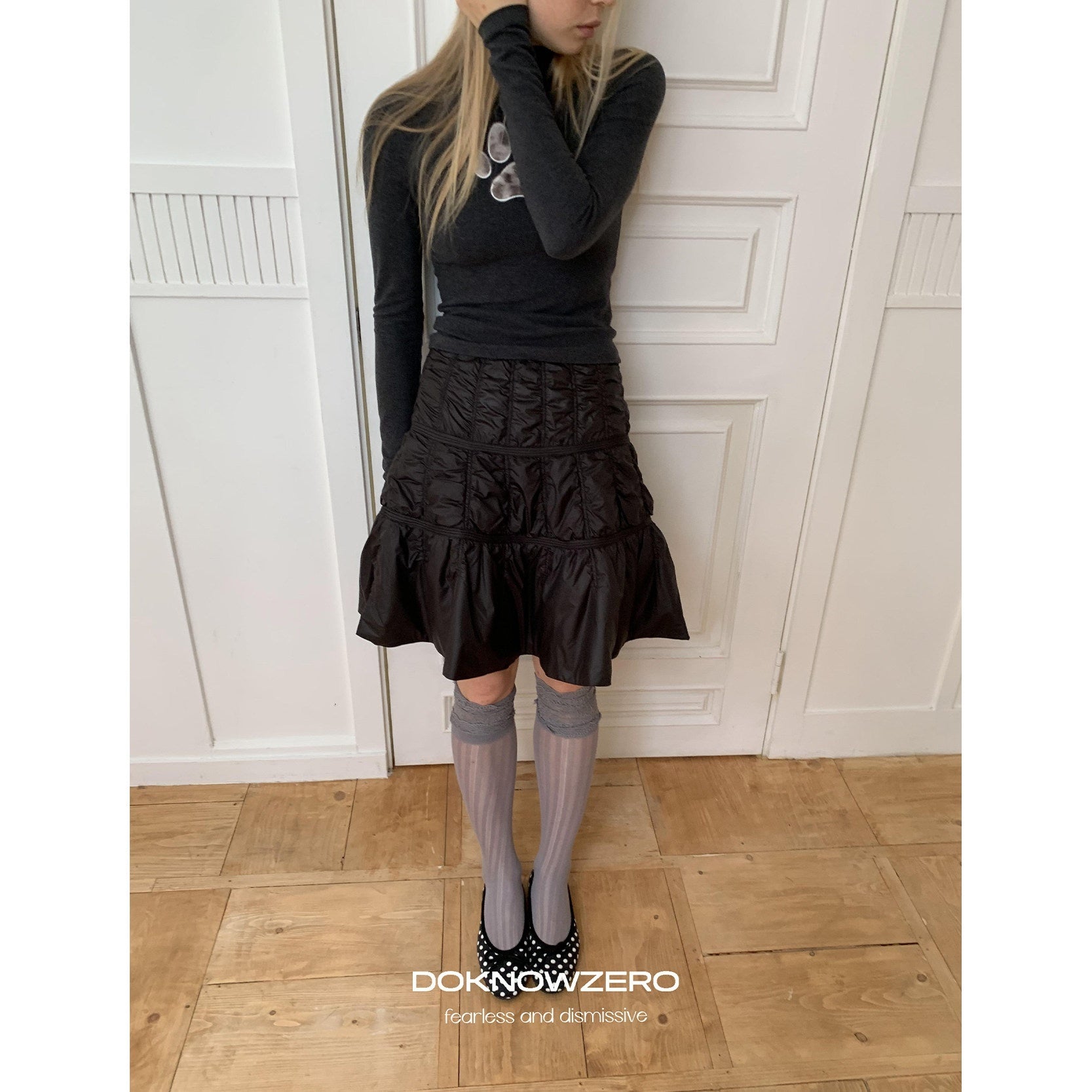 DKZ_OFFICIAL_Quilted_Pleated_Ruffle_Mid_Waist_Loose_Women&