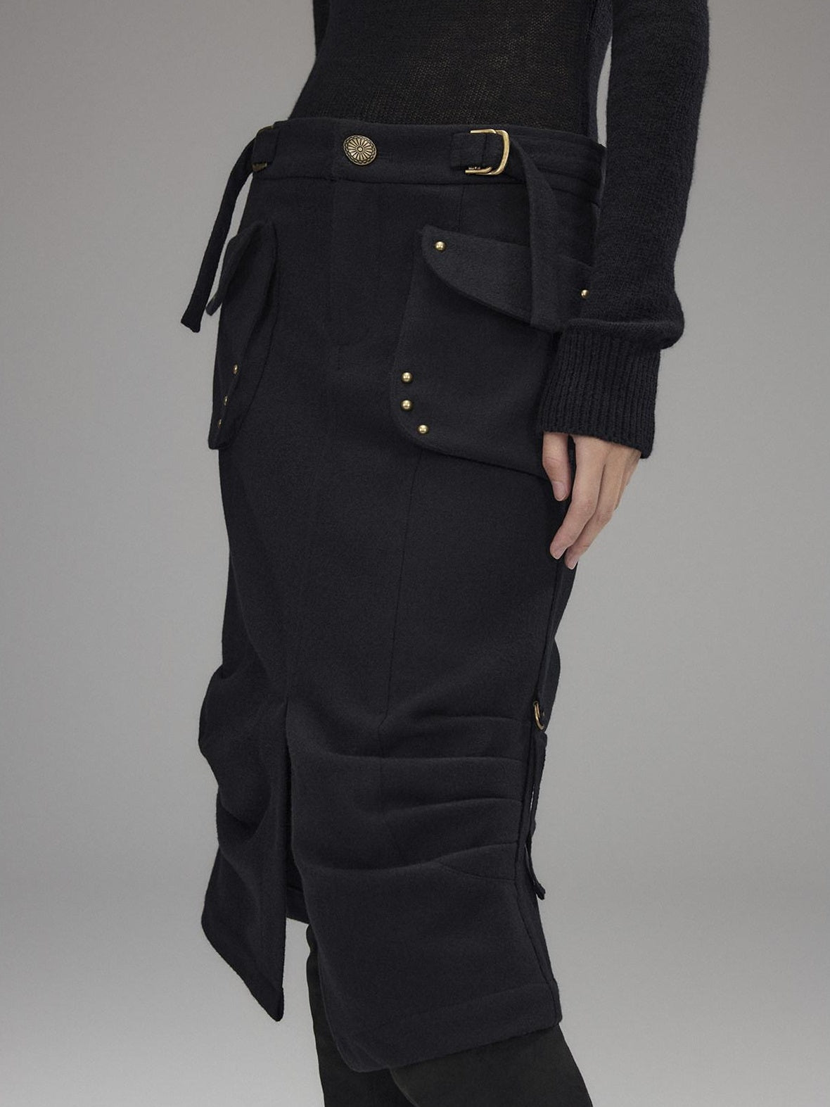 Low pixel Wool Blend Low Rise Cargo Pockets Front Slit Hline Casual Black Midi Skirts