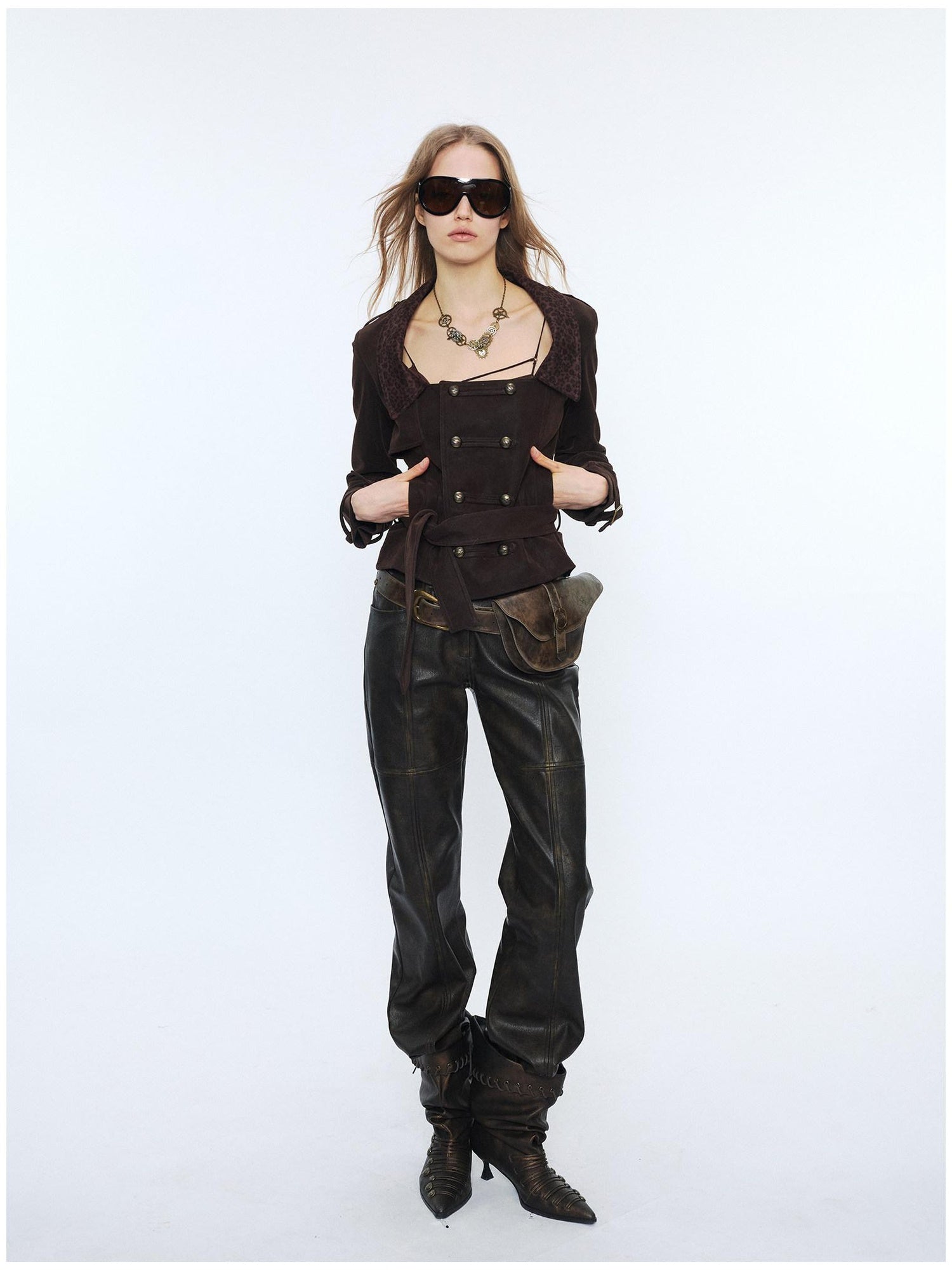 2th Desire Waist Cinch Punk Leopard Print Slim Fit Zip Short Women Trench Coats