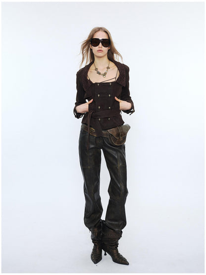 2th Desire Waist Cinch Punk Leopard Print Slim Fit Zip Short Women Trench Coats