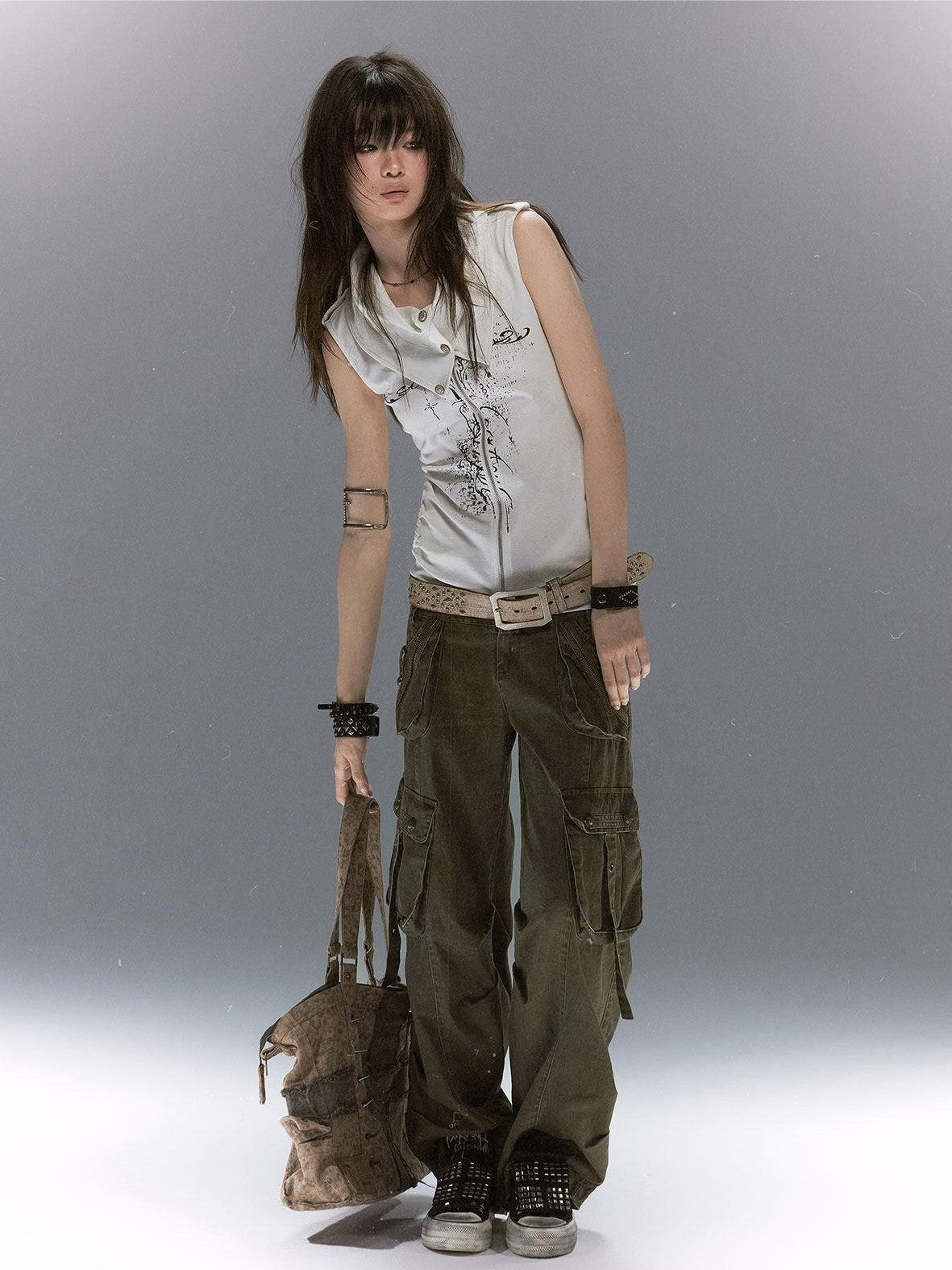 Cest Nous Distressed Multi Pocket Dual Waist Contrast Military Women&