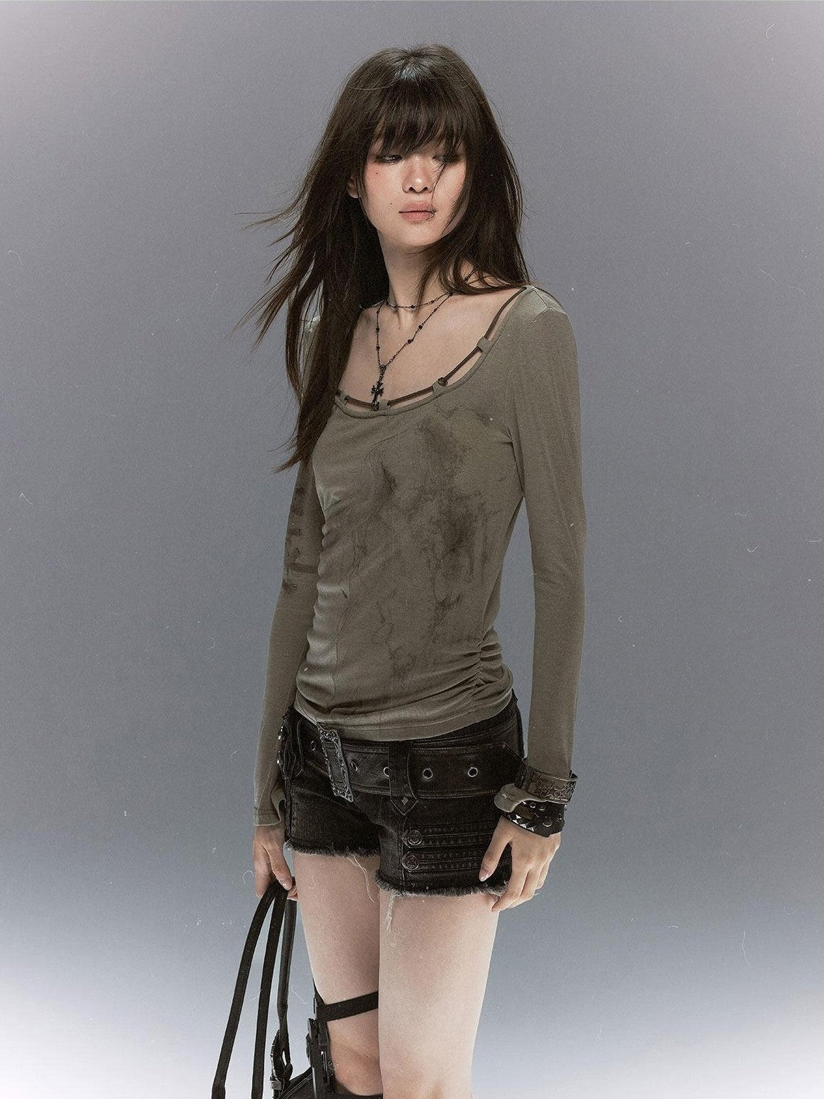 Cest Nous Distressed Detachable Leather Belt Slim Low Waist Women&