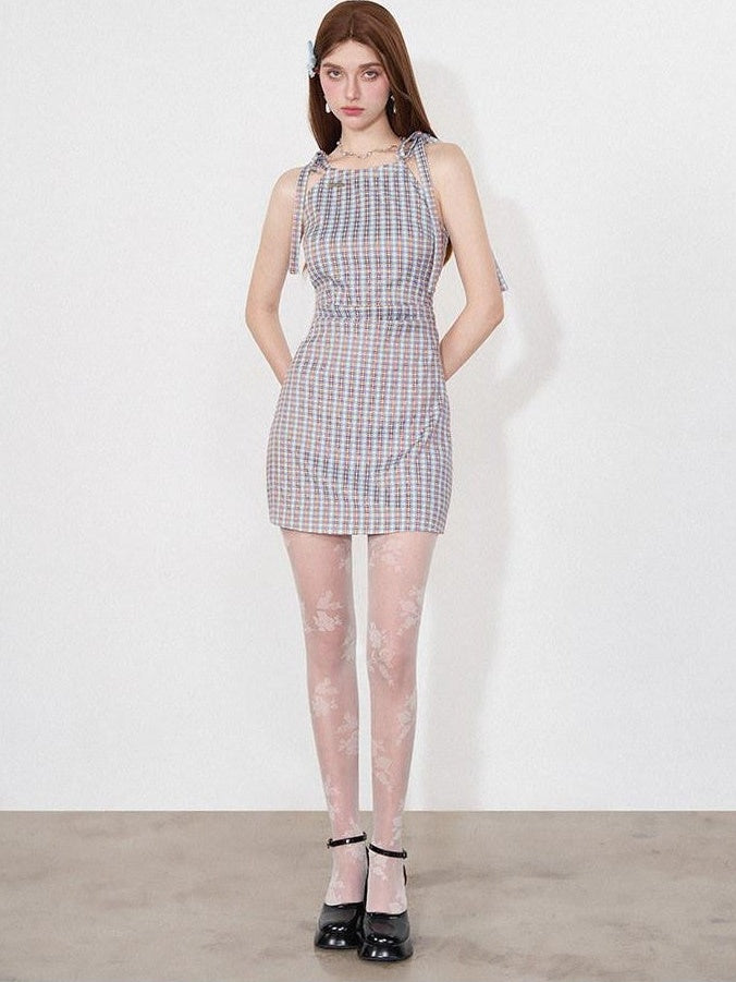 AFTADAWN Grapevine Plaid Halter Tie Ruched Women&
