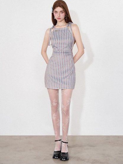 AFTADAWN Grapevine Plaid Halter Tie Ruched Women&