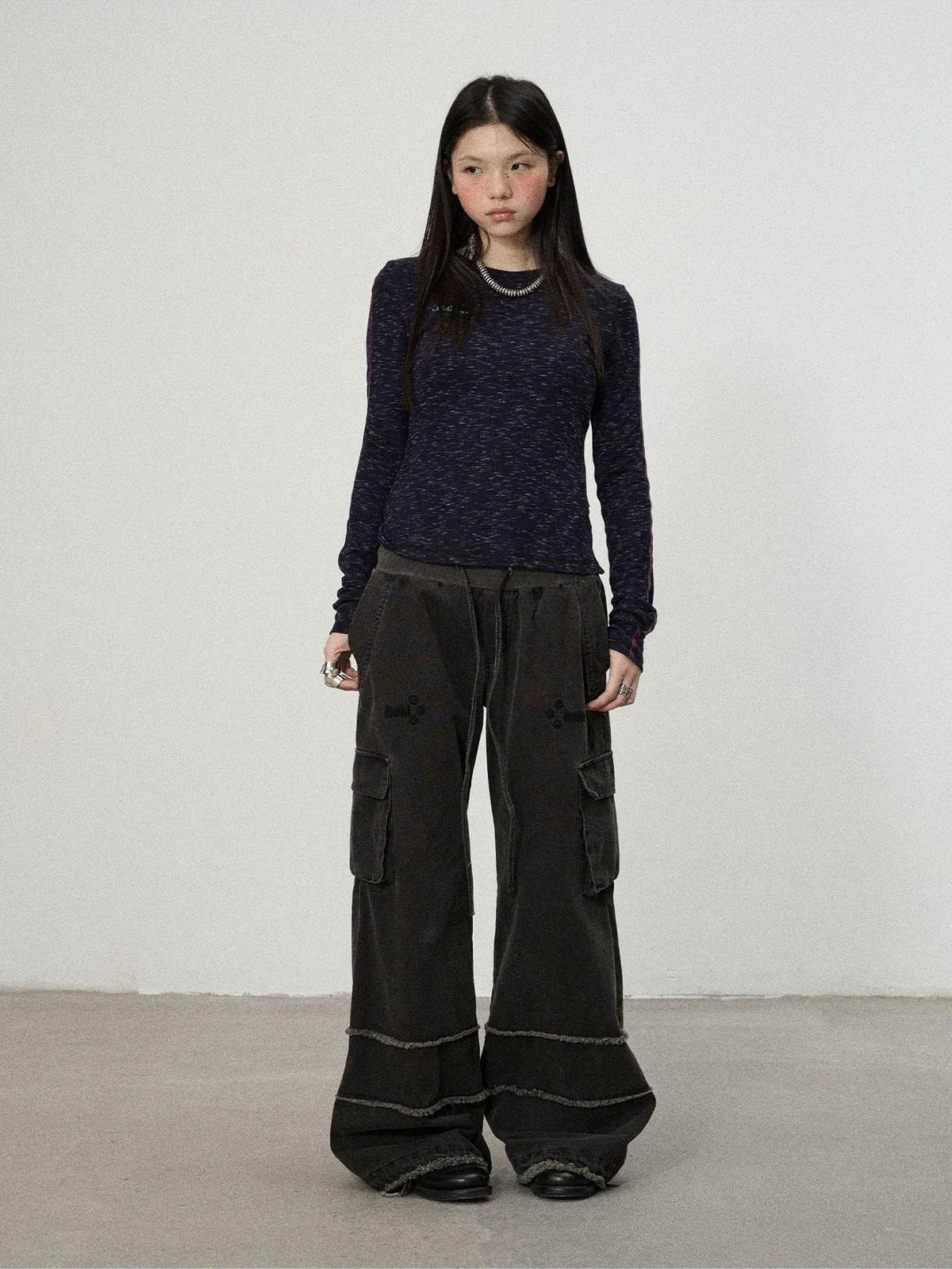 Achihara Striped Velvet Ribbed Long Sleeve V-neck Top